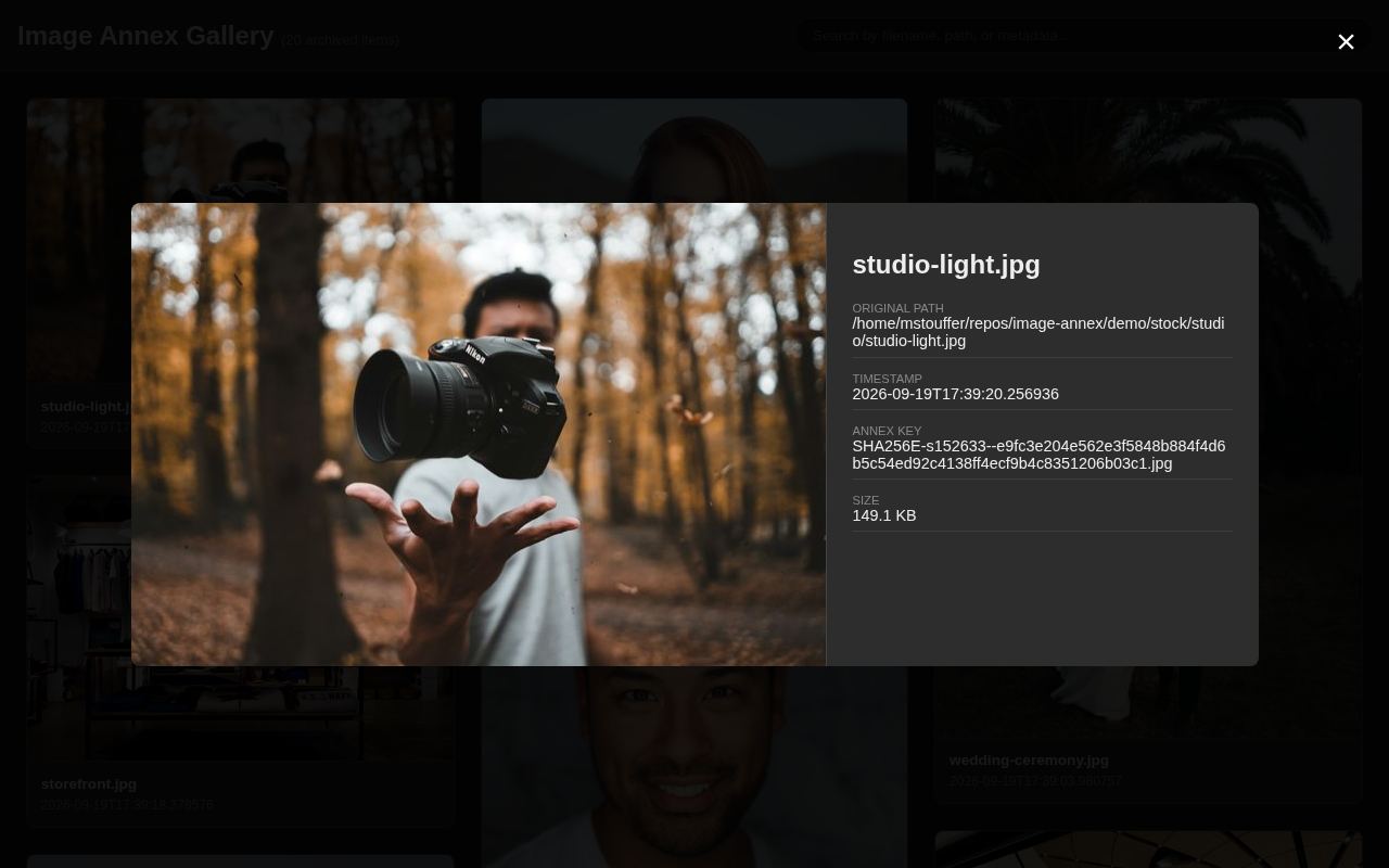 Image Annex gallery detail: one file with camera and path metadata