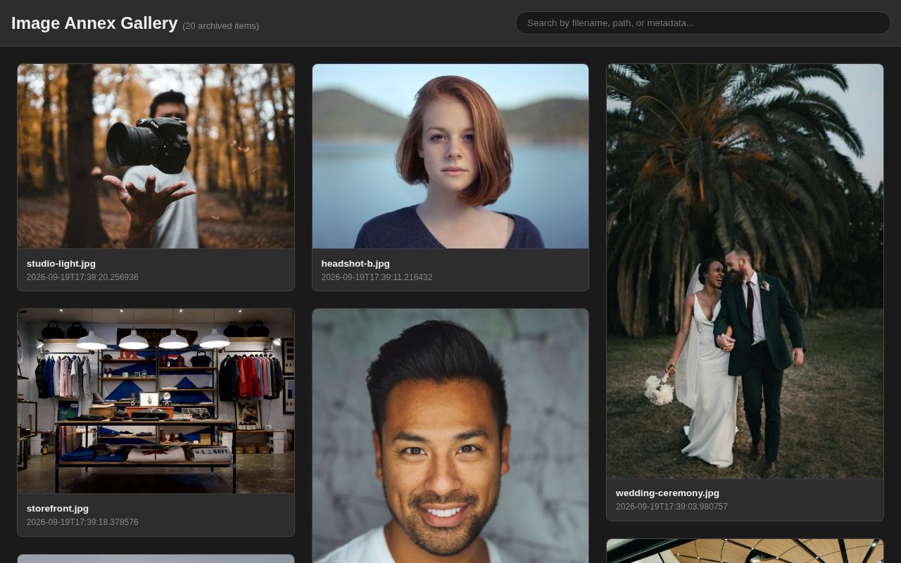 Image Annex gallery: a searchable thumbnail grid of a demo catalog